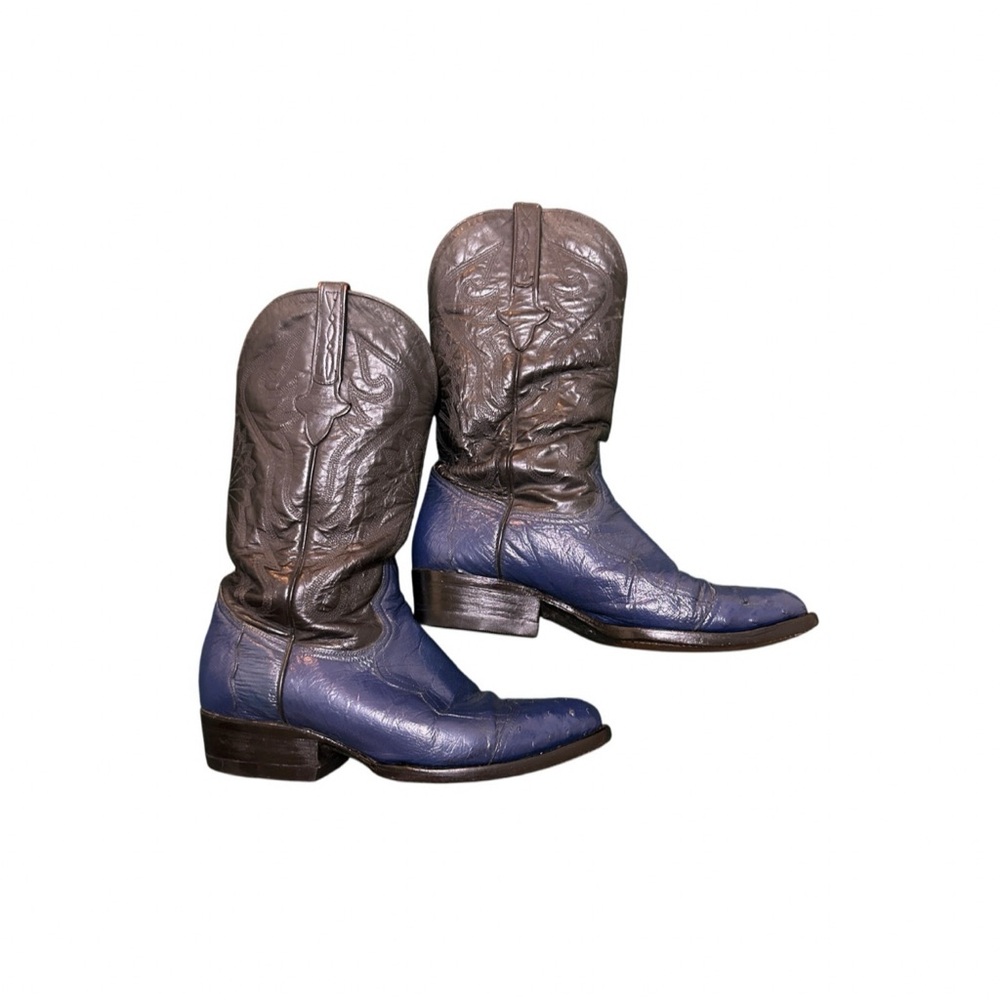 VTG Cuadra Black and Blue Half Quill Ostrich Leather Stiched Vamp Cowboy Boot